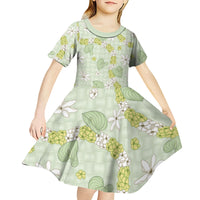 Hawaii Anthurium Tiare Pikake Lei Kid Short Sleeve Dress Sage Green Lauhala Art Pattern LT01 - Polynesian Pride