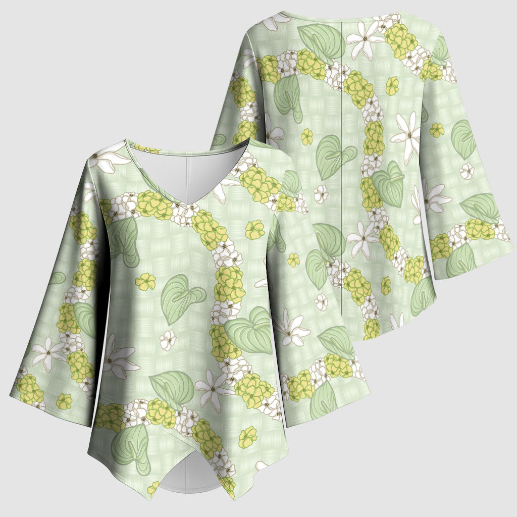 Hawaii Anthurium Tiare Pikake Lei Kimono Sleeve Blouse Sage Green Lauhala Art Pattern