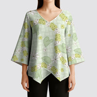 Hawaii Anthurium Tiare Pikake Lei Kimono Sleeve Blouse Sage Green Lauhala Art Pattern