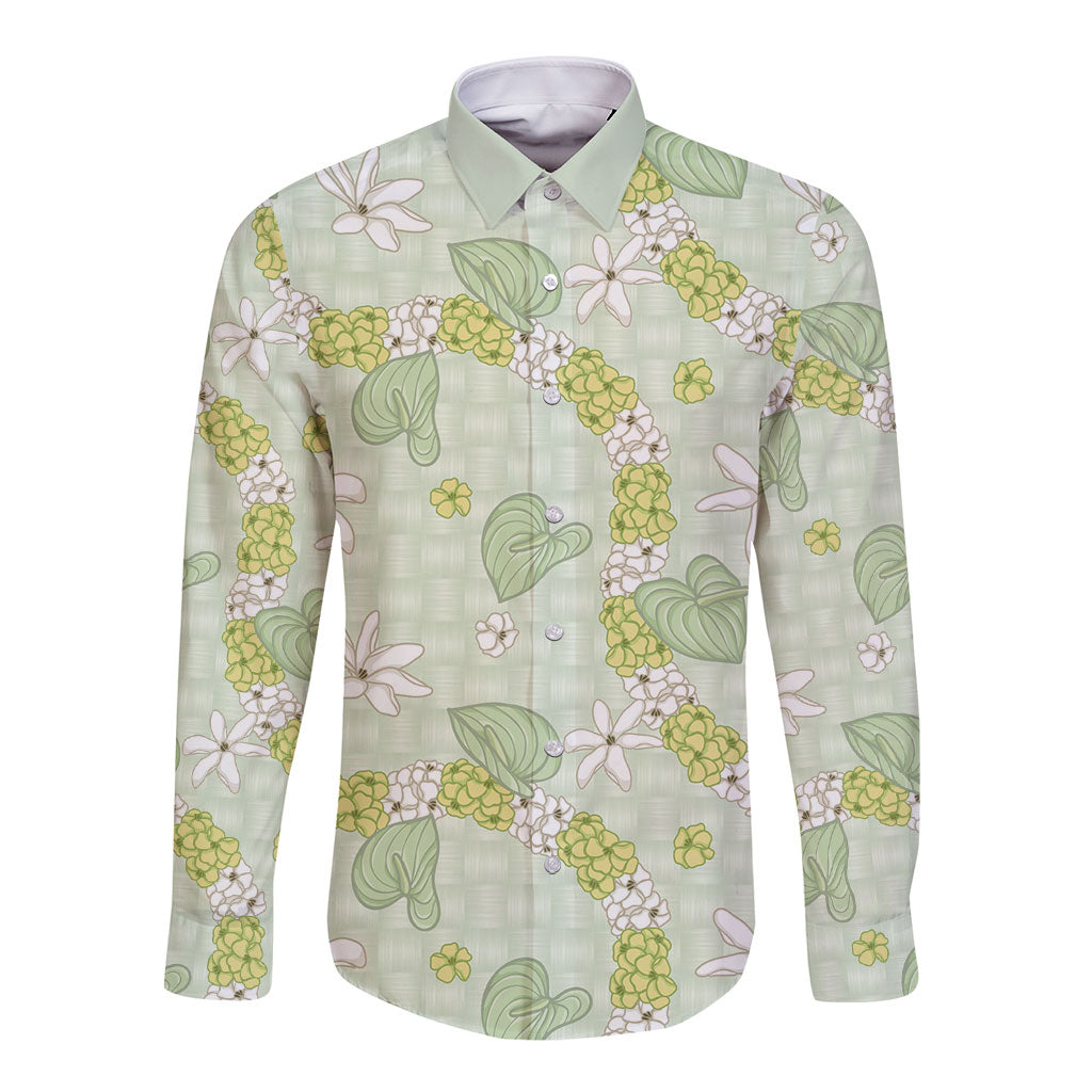 Hawaii Anthurium Tiare Pikake Lei Long Sleeve Button Shirt Sage Green Lauhala Art Pattern