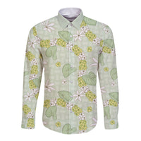 Hawaii Anthurium Tiare Pikake Lei Long Sleeve Button Shirt Sage Green Lauhala Art Pattern