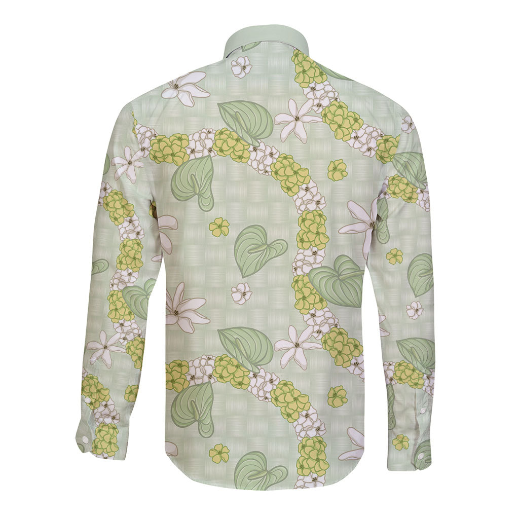 Hawaii Anthurium Tiare Pikake Lei Long Sleeve Button Shirt Sage Green Lauhala Art Pattern