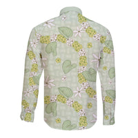Hawaii Anthurium Tiare Pikake Lei Long Sleeve Button Shirt Sage Green Lauhala Art Pattern