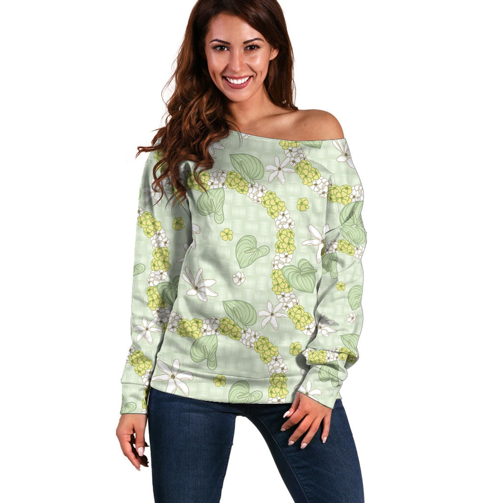Hawaii Anthurium Tiare Pikake Lei Off Shoulder Sweater Sage Green Lauhala Art Pattern