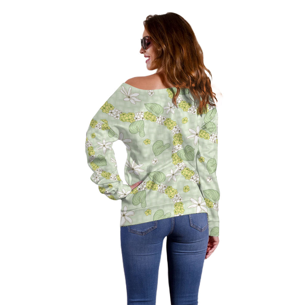 Hawaii Anthurium Tiare Pikake Lei Off Shoulder Sweater Sage Green Lauhala Art Pattern LT01 - Polynesian Pride