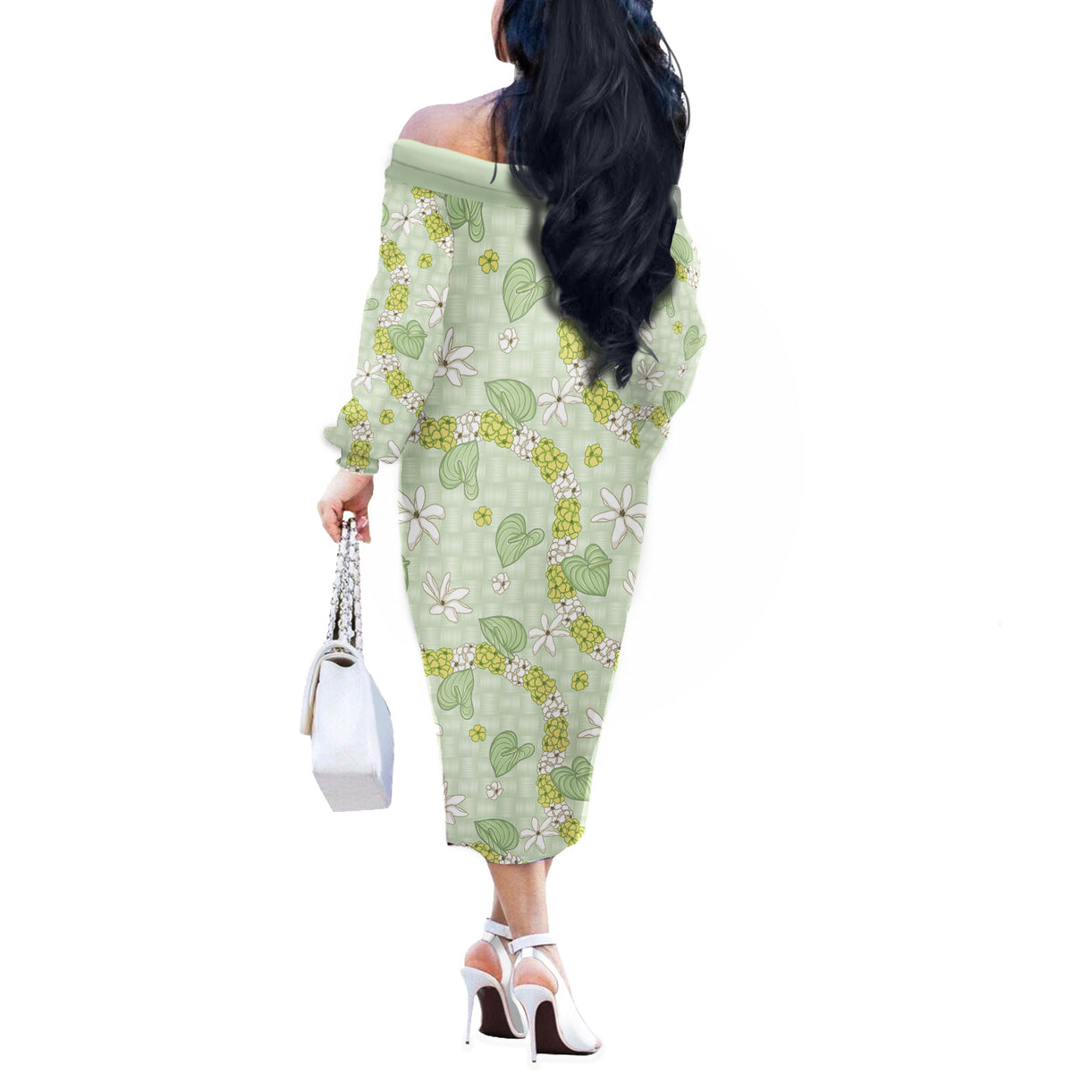 Hawaii Anthurium Tiare Pikake Lei Off The Shoulder Long Sleeve Dress Sage Green Lauhala Art Pattern