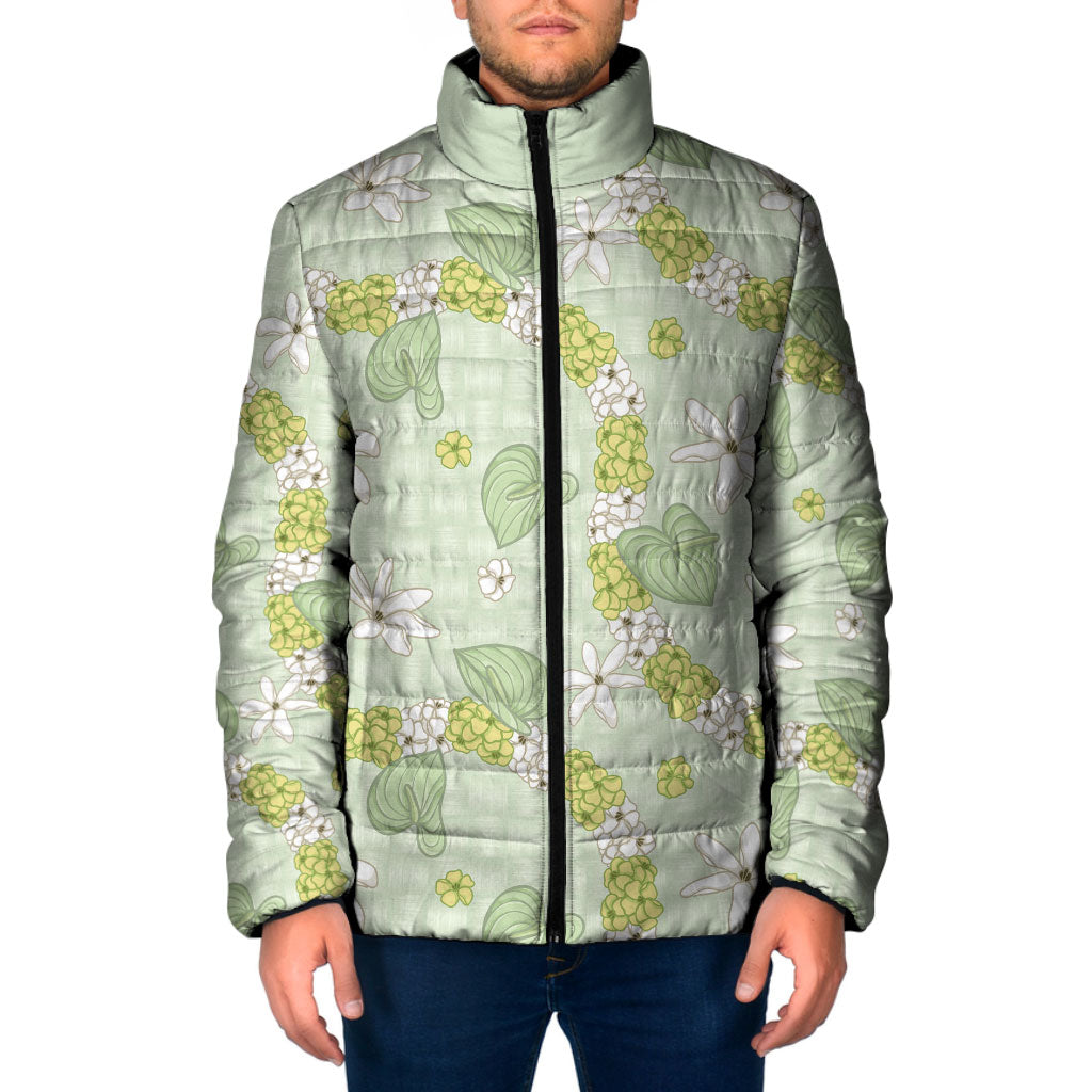 Hawaii Anthurium Tiare Pikake Lei Padded Jacket Sage Green Lauhala Art Pattern