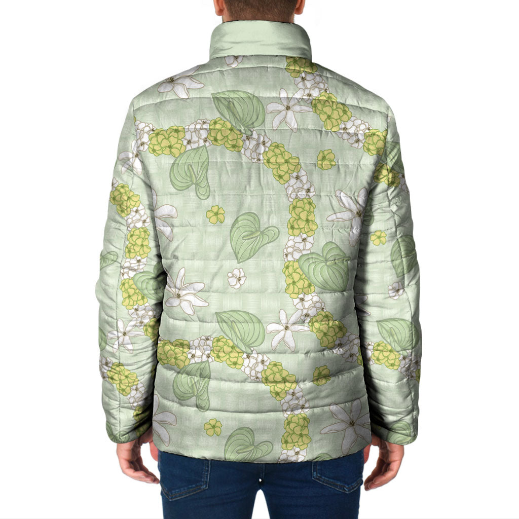 Hawaii Anthurium Tiare Pikake Lei Padded Jacket Sage Green Lauhala Art Pattern