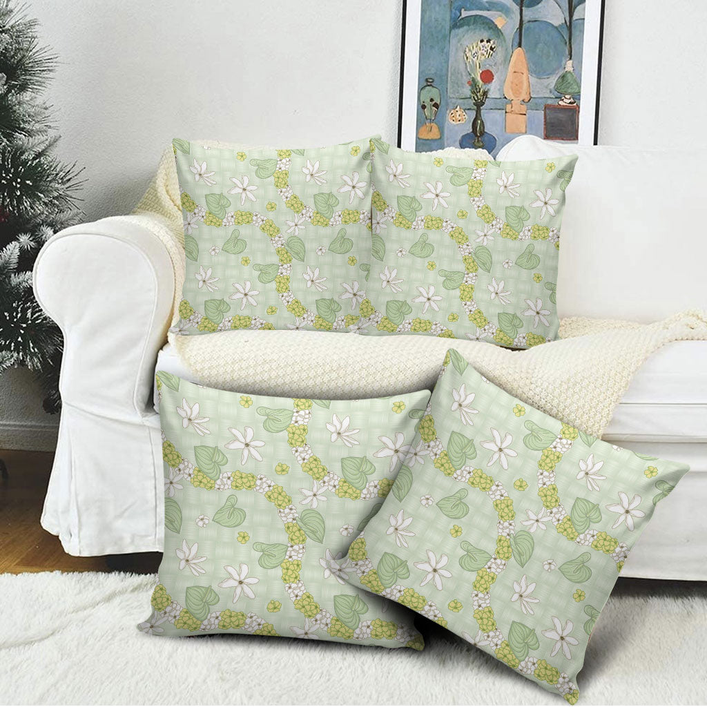 Hawaii Anthurium Tiare Pikake Lei Pillow Cover Sage Green Lauhala Art Pattern