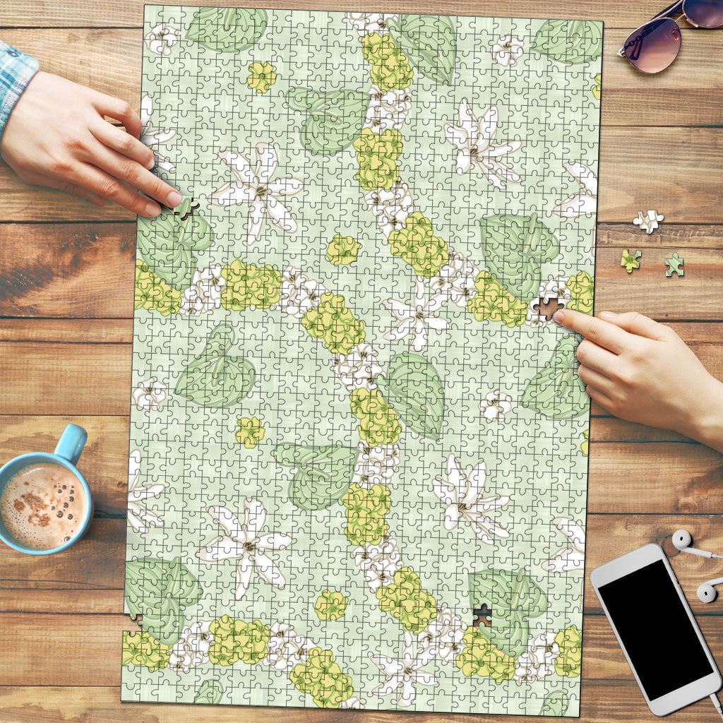Hawaii Anthurium Tiare Pikake Lei Puzzle Sage Green Lauhala Art Pattern