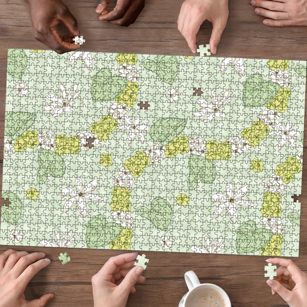 Hawaii Anthurium Tiare Pikake Lei Puzzle Sage Green Lauhala Art Pattern