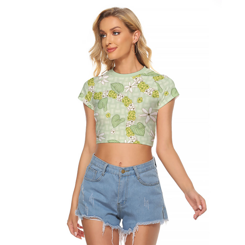 Hawaii Anthurium Tiare Pikake Lei Raglan Cropped T Shirt Sage Green Lauhala Art Pattern