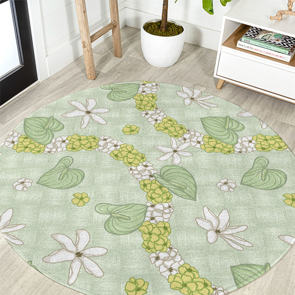 Hawaii Anthurium Tiare Pikake Lei Round Carpet Sage Green Lauhala Art Pattern