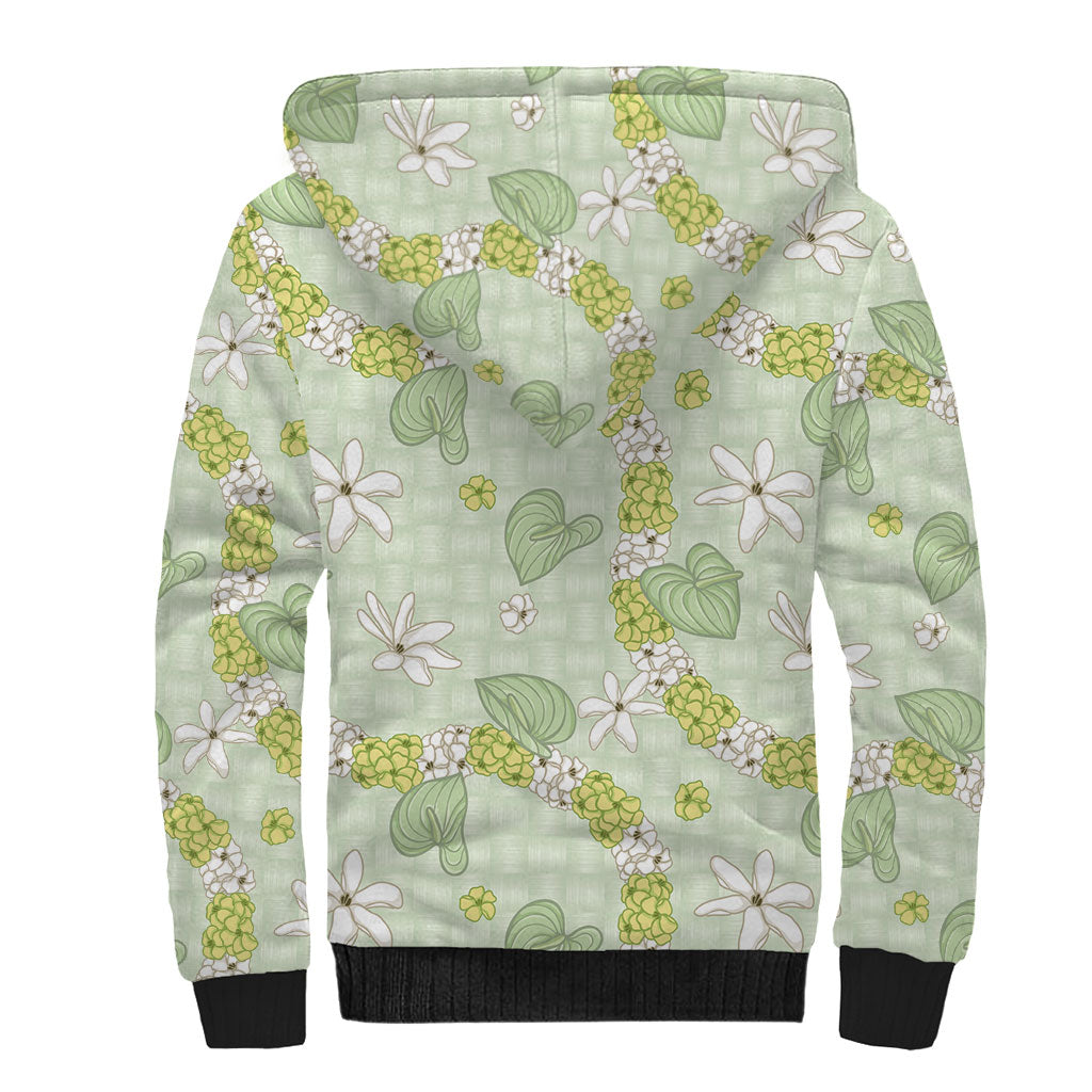 Hawaii Anthurium Tiare Pikake Lei Sherpa Hoodie Sage Green Lauhala Art Pattern LT01 - Polynesian Pride