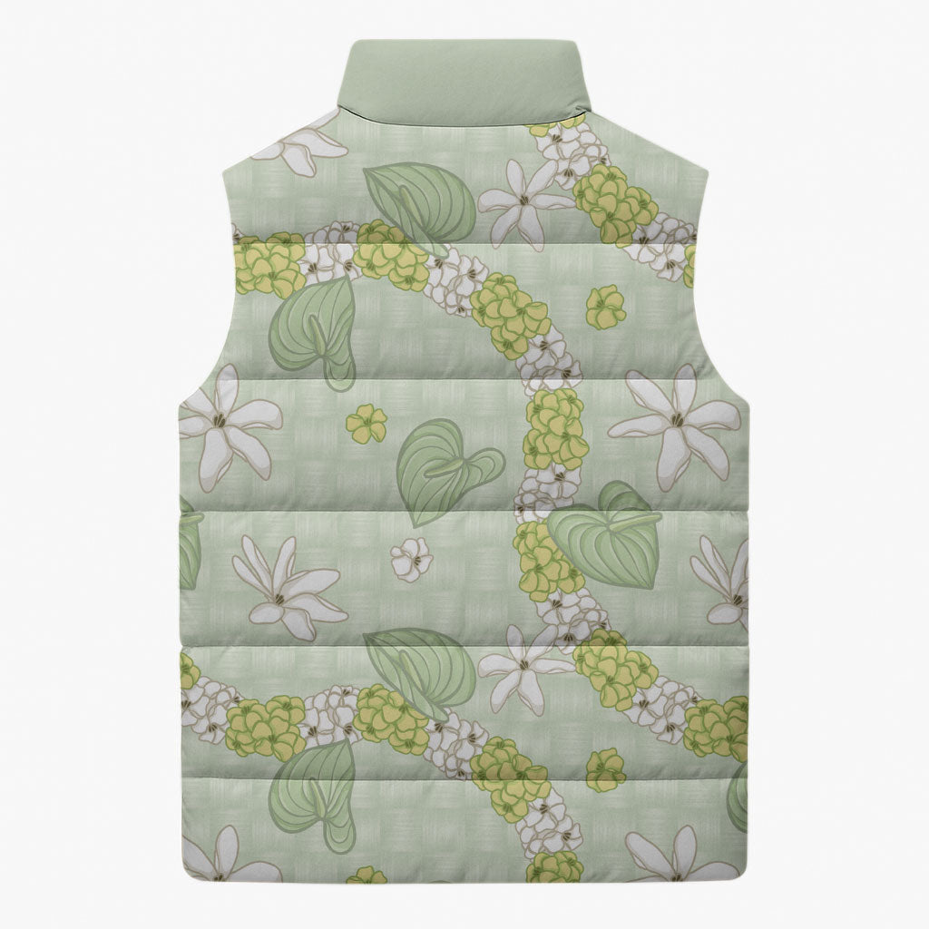 Hawaii Anthurium Tiare Pikake Lei Sleeveless Puffer Jacket Sage Green Lauhala Art Pattern LT01 - Polynesian Pride