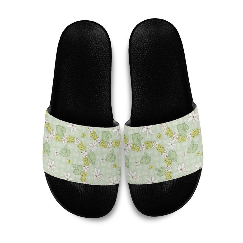 Hawaii Anthurium Tiare Pikake Lei Slide Sandals Sage Green Lauhala Art Pattern