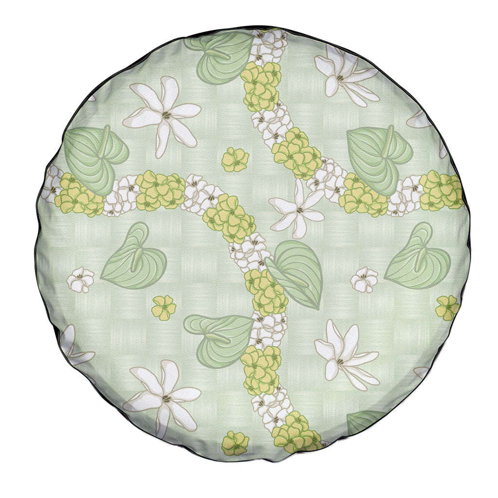 Hawaii Anthurium Tiare Pikake Lei Spare Tire Cover Sage Green Lauhala Art Pattern