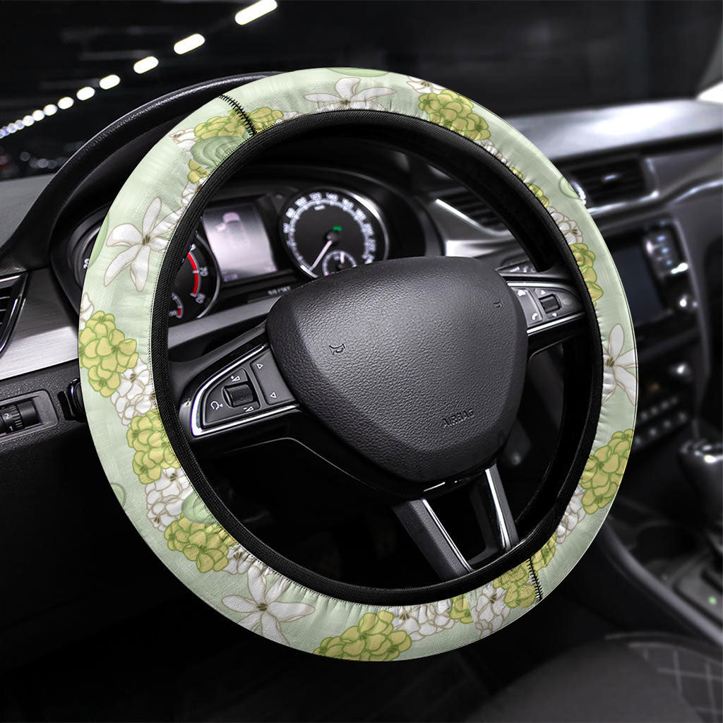Hawaii Anthurium Tiare Pikake Lei Steering Wheel Cover Sage Green Lauhala Art Pattern