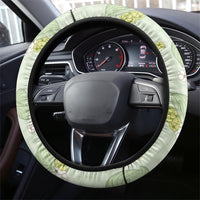 Hawaii Anthurium Tiare Pikake Lei Steering Wheel Cover Sage Green Lauhala Art Pattern