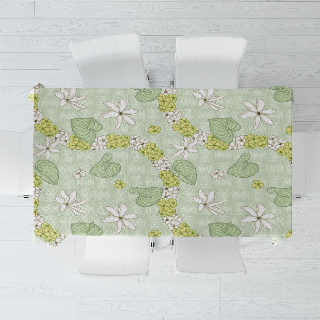 Hawaii Anthurium Tiare Pikake Lei Tablecloth Sage Green Lauhala Art Pattern