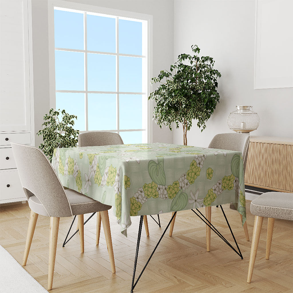 Hawaii Anthurium Tiare Pikake Lei Tablecloth Sage Green Lauhala Art Pattern