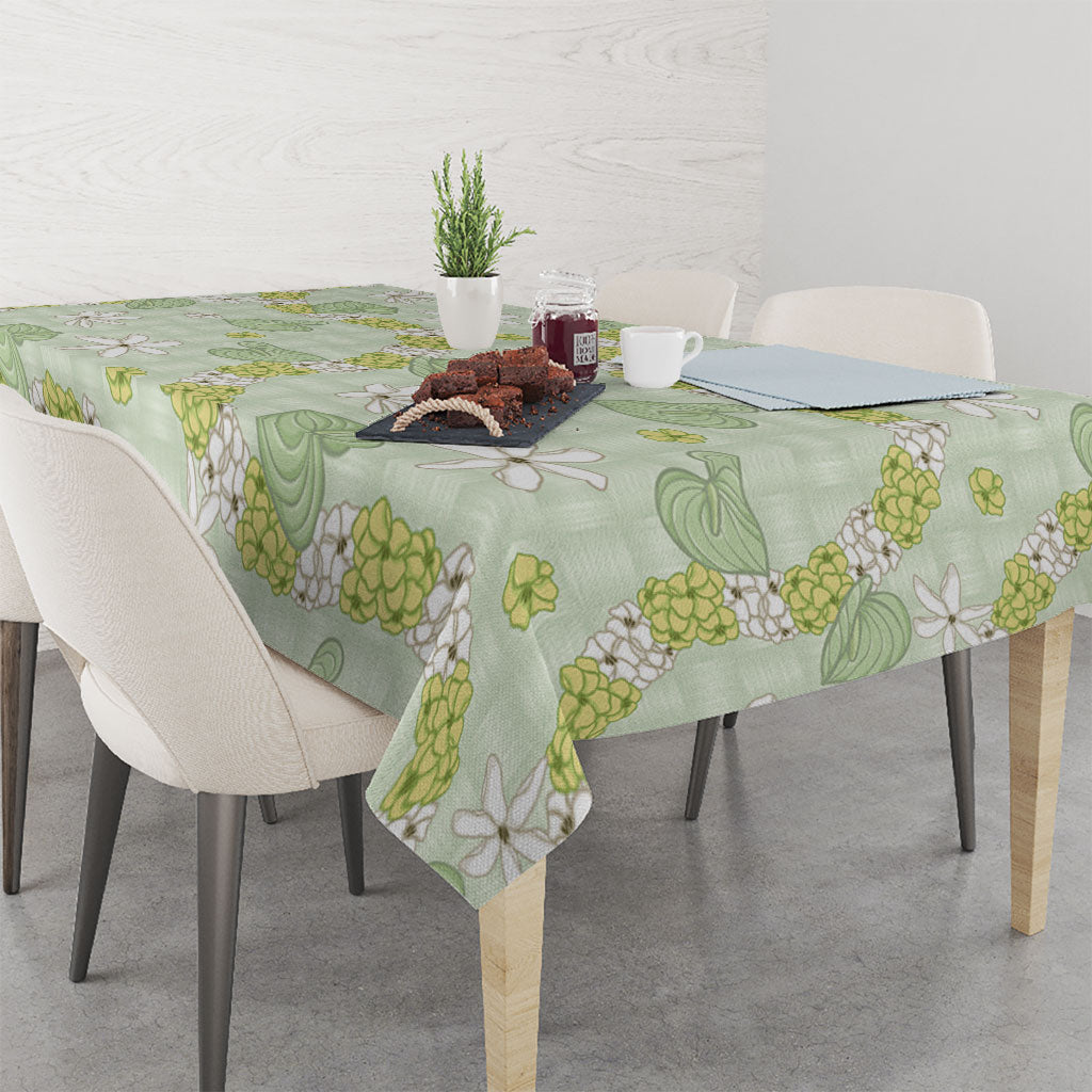 Hawaii Anthurium Tiare Pikake Lei Tablecloth Sage Green Lauhala Art Pattern