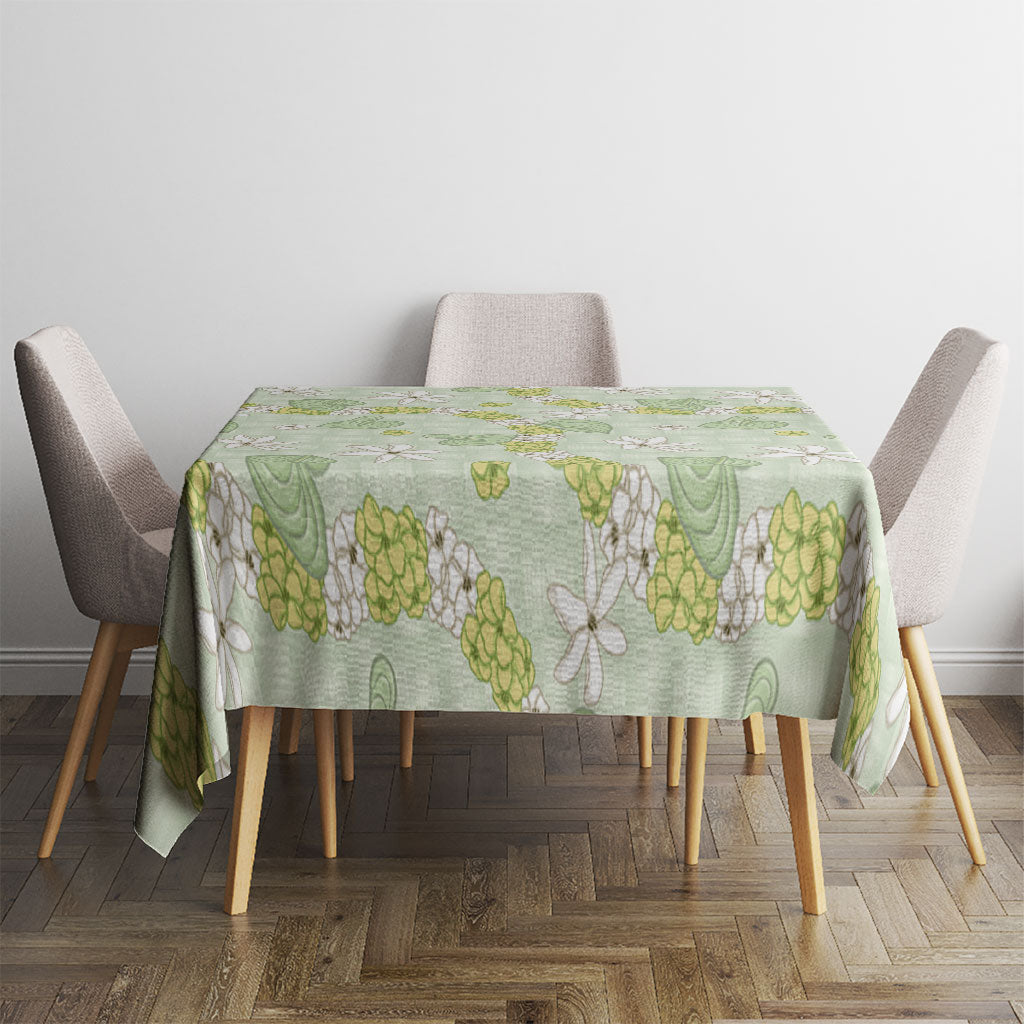 Hawaii Anthurium Tiare Pikake Lei Tablecloth Sage Green Lauhala Art Pattern