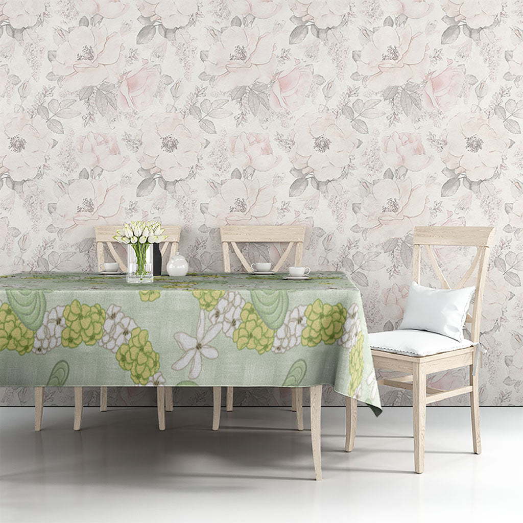 Hawaii Anthurium Tiare Pikake Lei Tablecloth Sage Green Lauhala Art Pattern