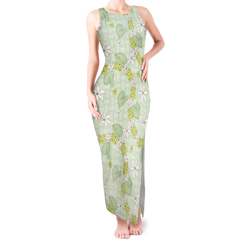 Hawaii Anthurium Tiare Pikake Lei Tank Maxi Dress Sage Green Lauhala Art Pattern