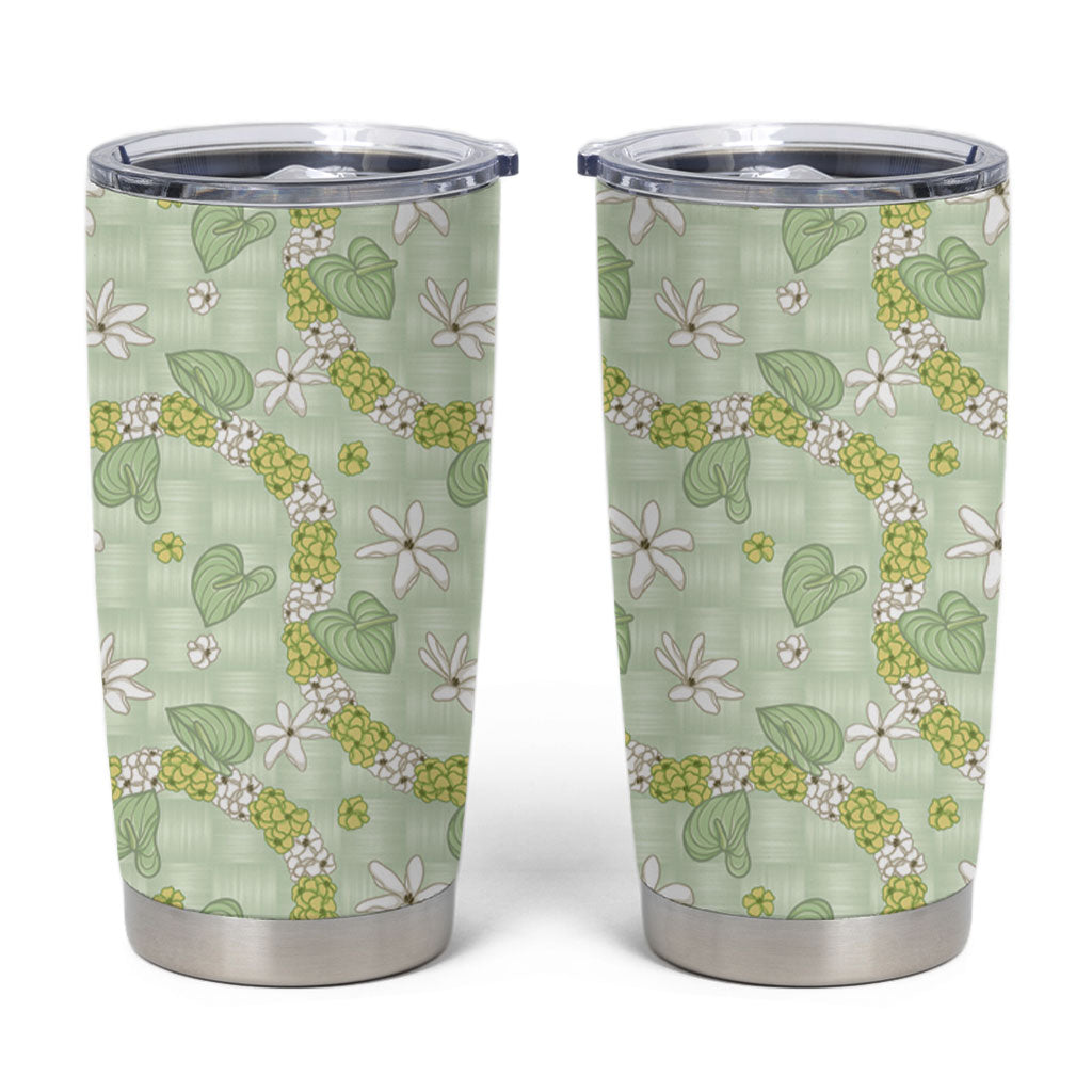 Hawaii Anthurium Tiare Pikake Lei Tumbler Cup Sage Green Lauhala Art Pattern LT01 Green - Polynesian Pride