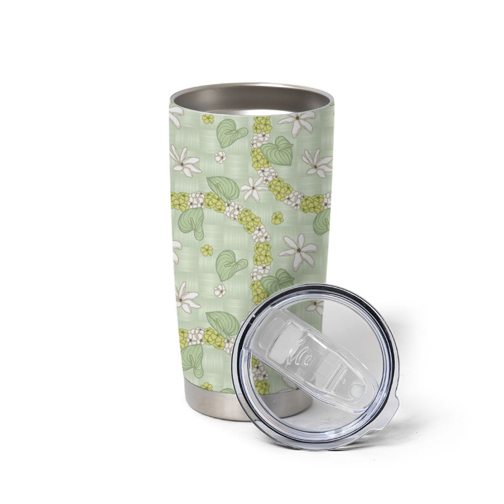 Hawaii Anthurium Tiare Pikake Lei Tumbler Cup Sage Green Lauhala Art Pattern LT01 - Polynesian Pride