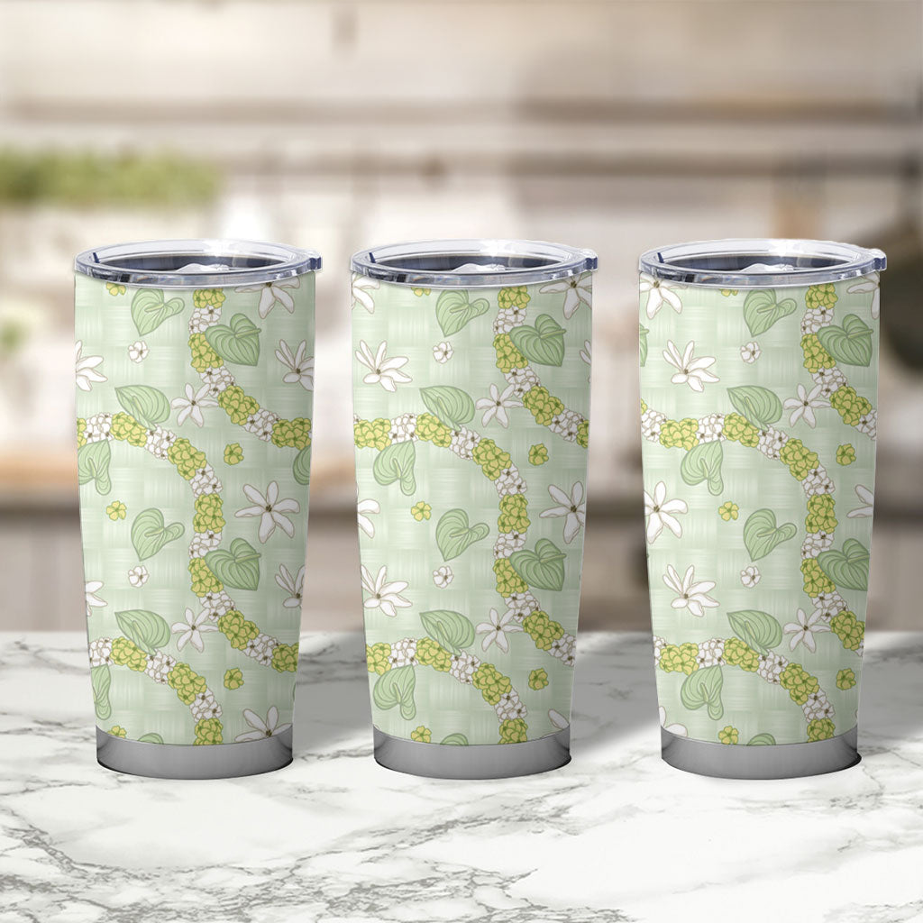 Hawaii Anthurium Tiare Pikake Lei Tumbler Cup Sage Green Lauhala Art Pattern LT01 - Polynesian Pride