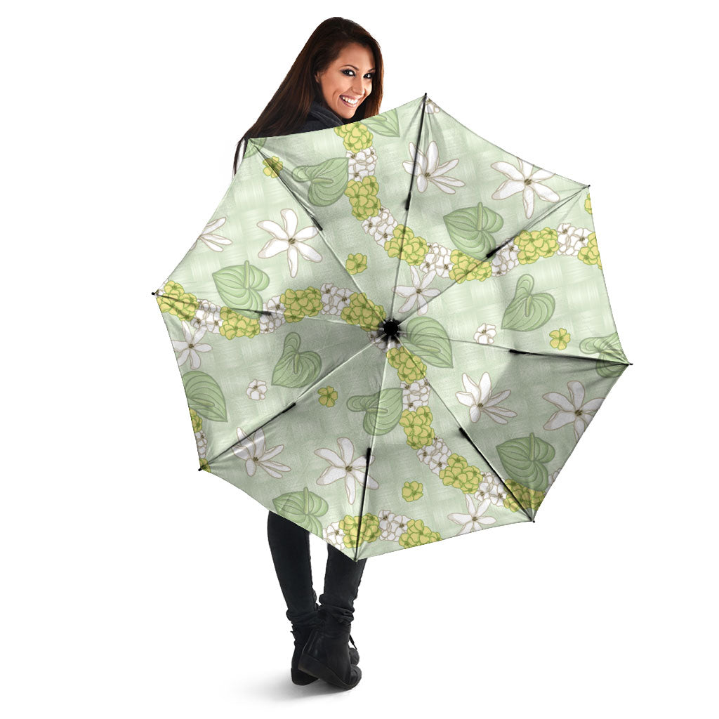 Hawaii Anthurium Tiare Pikake Lei Umbrella Sage Green Lauhala Art Pattern