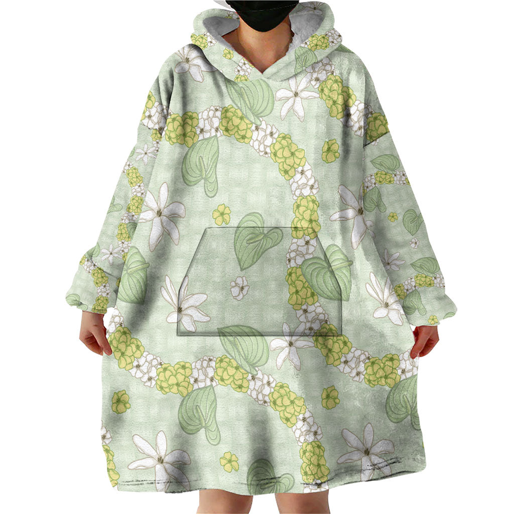 Hawaii Anthurium Tiare Pikake Lei Wearable Blanket Hoodie Sage Green Lauhala Art Pattern