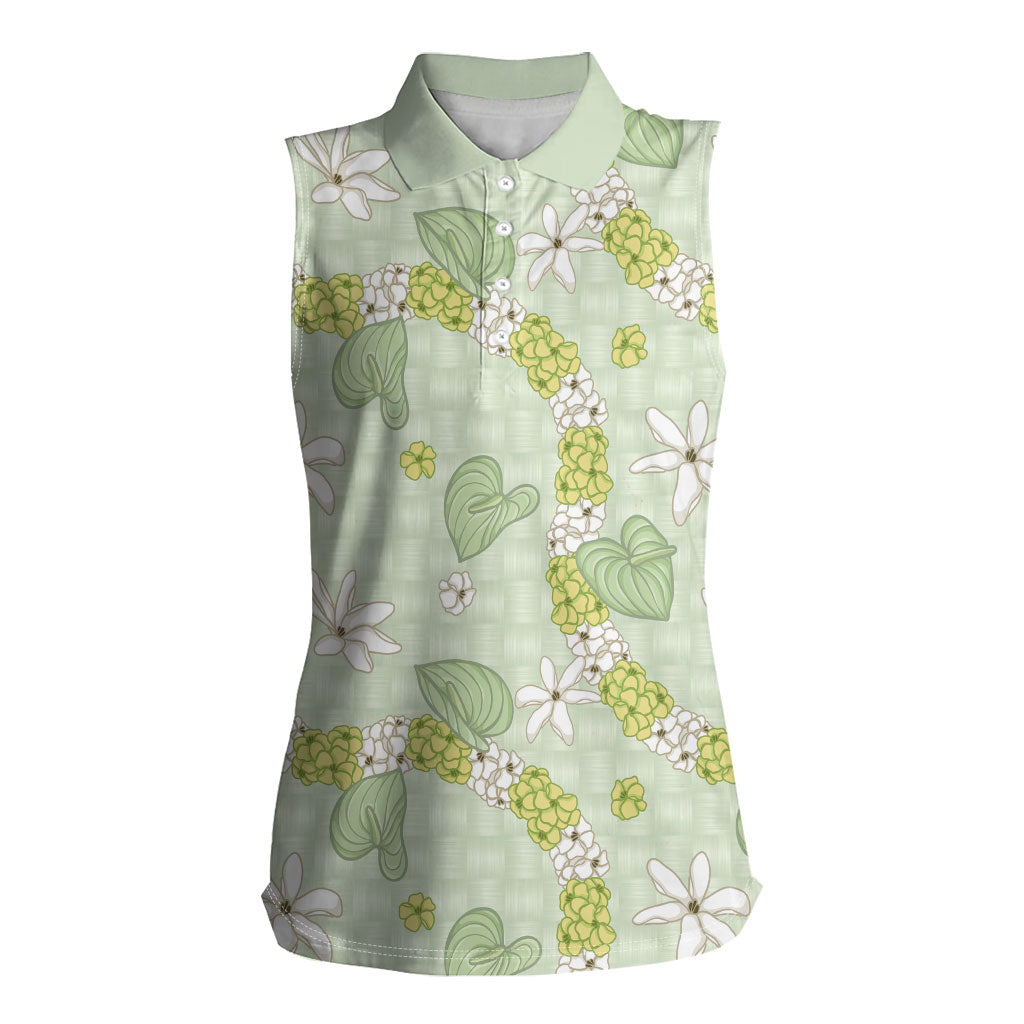 Hawaii Anthurium Tiare Pikake Lei Women Sleeveless Polo Shirt Sage Green Lauhala Art Pattern LT01 Female Green - Polynesian Pride