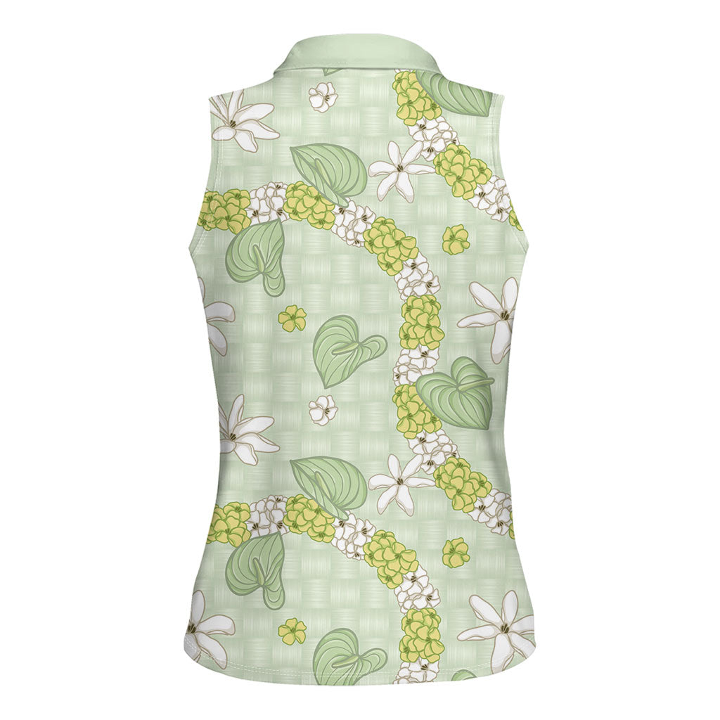 Hawaii Anthurium Tiare Pikake Lei Women Sleeveless Polo Shirt Sage Green Lauhala Art Pattern LT01 - Polynesian Pride