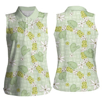 Hawaii Anthurium Tiare Pikake Lei Women Sleeveless Polo Shirt Sage Green Lauhala Art Pattern LT01 - Polynesian Pride