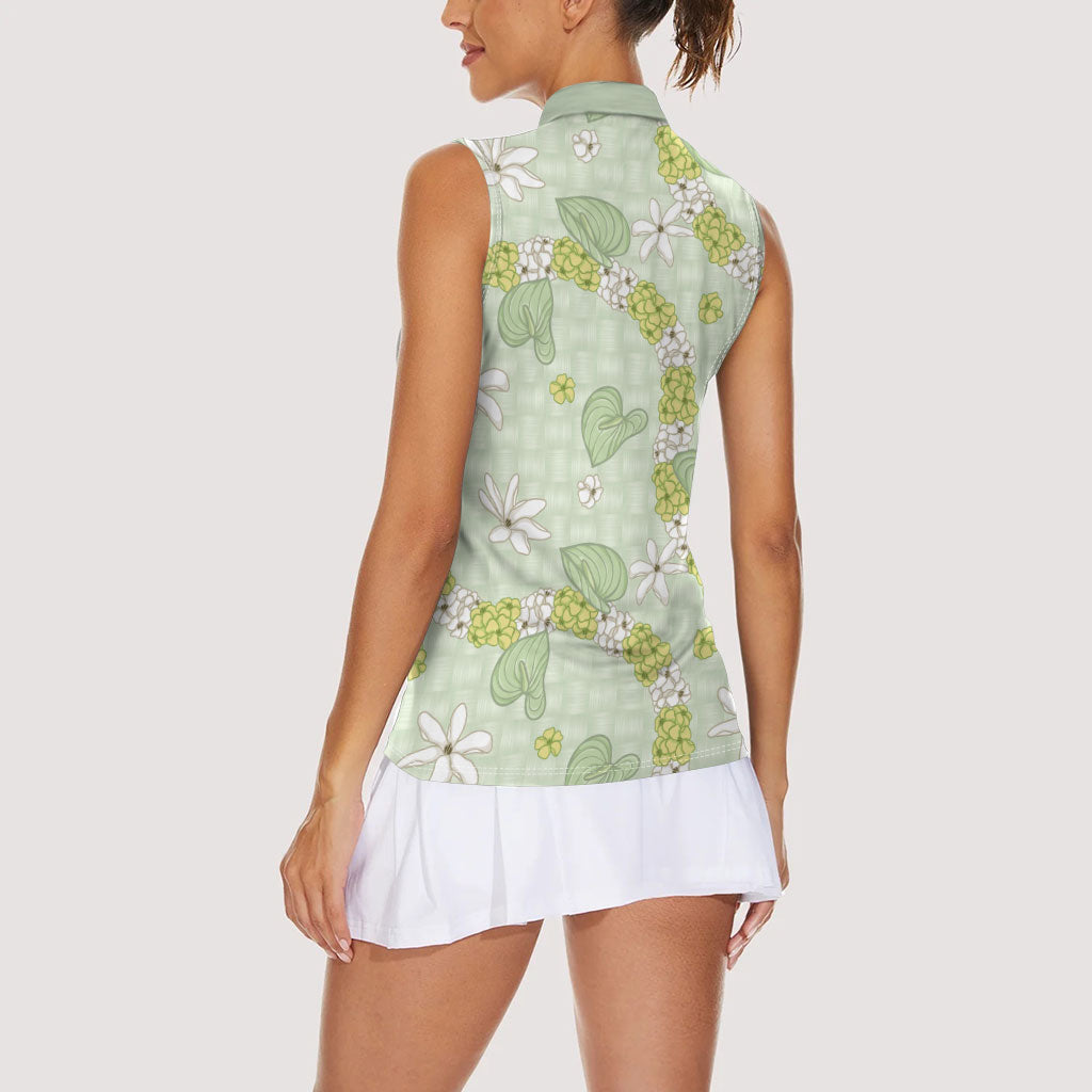Hawaii Anthurium Tiare Pikake Lei Women Sleeveless Polo Shirt Sage Green Lauhala Art Pattern LT01 - Polynesian Pride