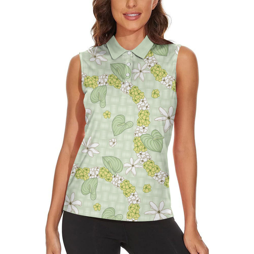 Hawaii Anthurium Tiare Pikake Lei Women Sleeveless Polo Shirt Sage Green Lauhala Art Pattern LT01 - Polynesian Pride