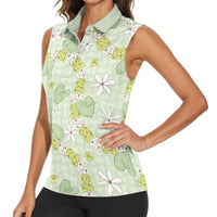Hawaii Anthurium Tiare Pikake Lei Women Sleeveless Polo Shirt Sage Green Lauhala Art Pattern LT01 - Polynesian Pride