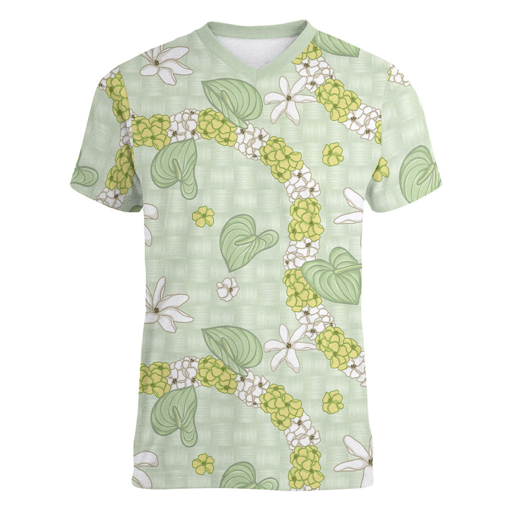 Hawaii Anthurium Tiare Pikake Lei Women V-Neck T-Shirt Sage Green Lauhala Art Pattern