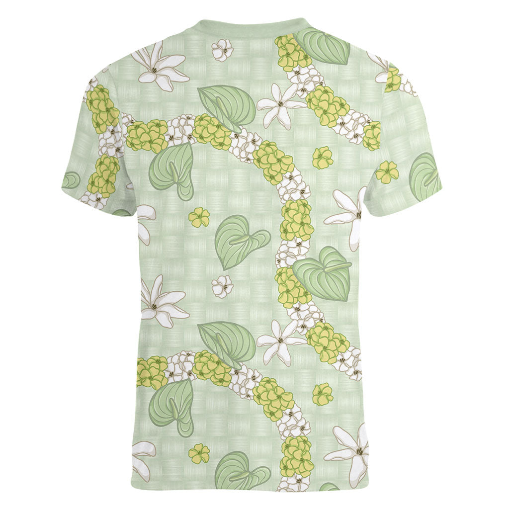 Hawaii Anthurium Tiare Pikake Lei Women V-Neck T-Shirt Sage Green Lauhala Art Pattern