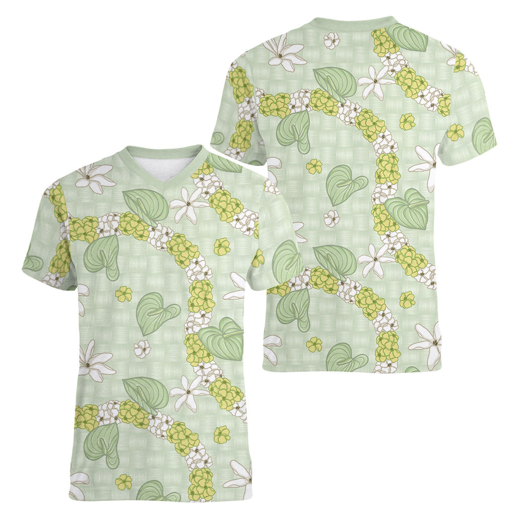 Hawaii Anthurium Tiare Pikake Lei Women V-Neck T-Shirt Sage Green Lauhala Art Pattern