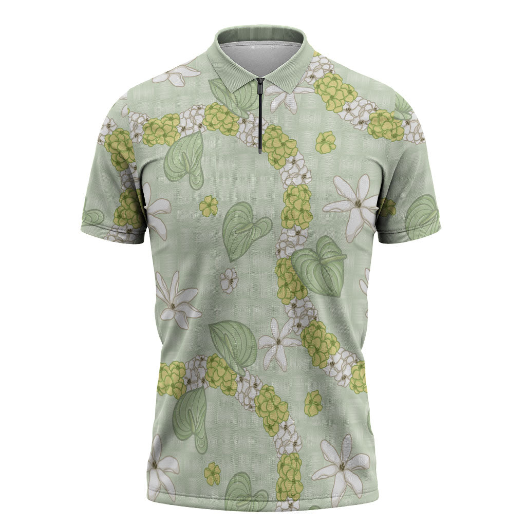 Hawaii Anthurium Tiare Pikake Lei Zipper Polo Shirt Sage Green Lauhala Art Pattern