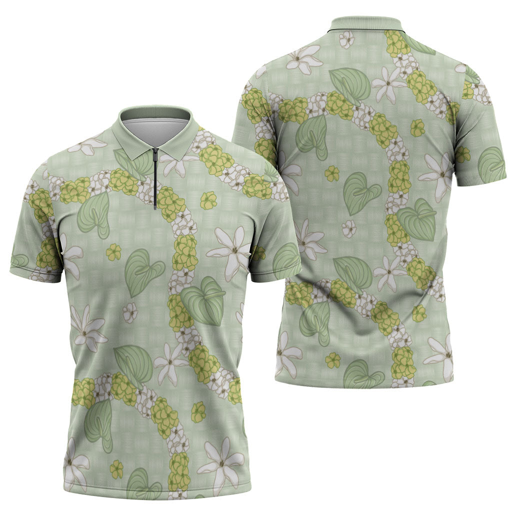 Hawaii Anthurium Tiare Pikake Lei Zipper Polo Shirt Sage Green Lauhala Art Pattern
