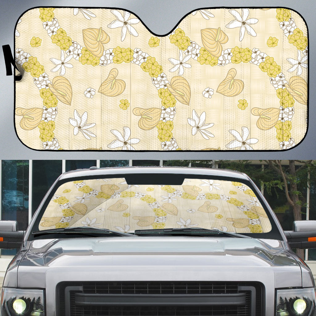 Hawaii Anthurium Tiare Pikake Lei Auto Sun Shade Melemele Lauhala Art Pattern LT01 Yellow - Polynesian Pride