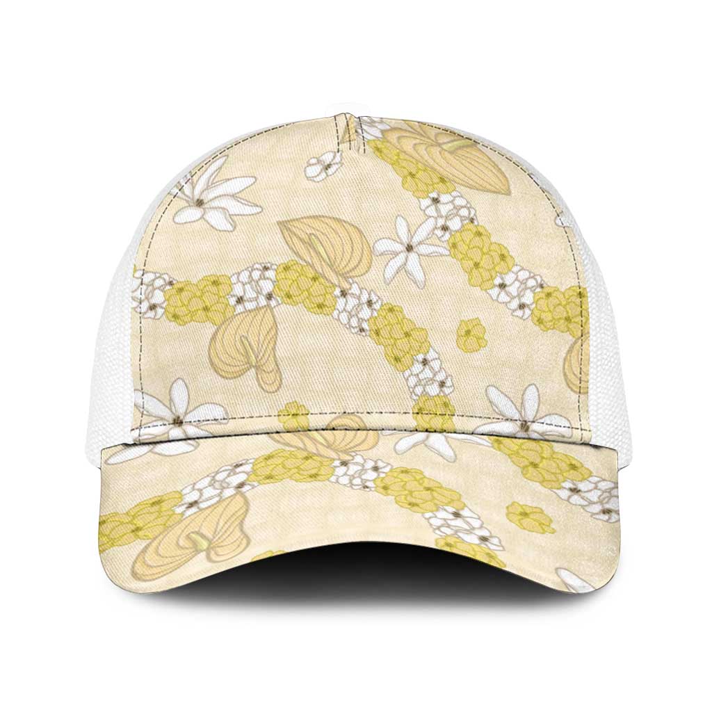 Hawaii Anthurium Tiare Pikake Lei Baseball Net Cap Melemele Lauhala Art Pattern LT01 One Size White Yellow - Polynesian Pride