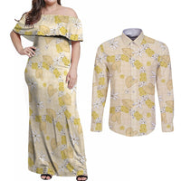 Hawaii Anthurium Tiare Pikake Lei Couples Matching Off Shoulder Maxi Dress and Long Sleeve Button Shirt Melemele Lauhala Art Pattern LT01 Yellow - Polynesian Pride