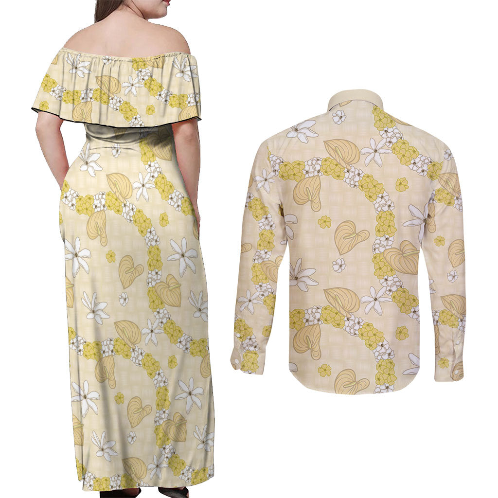 Hawaii Anthurium Tiare Pikake Lei Couples Matching Off Shoulder Maxi Dress and Long Sleeve Button Shirt Melemele Lauhala Art Pattern LT01 - Polynesian Pride