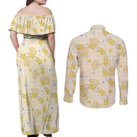 Hawaii Anthurium Tiare Pikake Lei Couples Matching Off Shoulder Maxi Dress and Long Sleeve Button Shirt Melemele Lauhala Art Pattern LT01 - Polynesian Pride